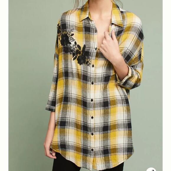 Anthropologie Maeve Floral Embroidered Yellow Plaid Longline Flannel Tunic XS - Picture 3 of 12